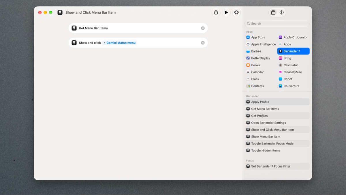Bartender actions available in Shortcuts for controlling the app and menu bar