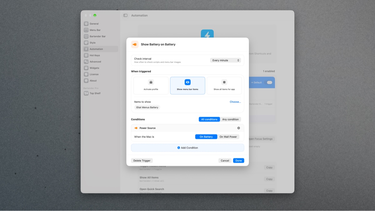 Bartender 7 triggers for automatically changing which menu bar items are visible